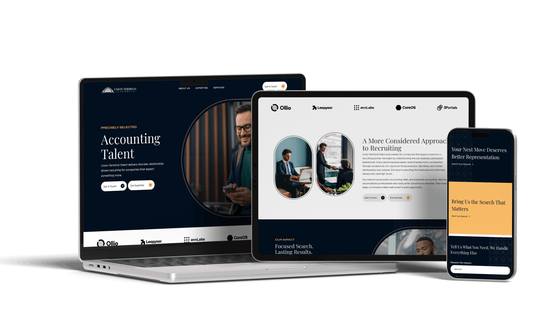Laptop and phone displaying Union Terminal Talent's website, showcasing accounting recruitment services.