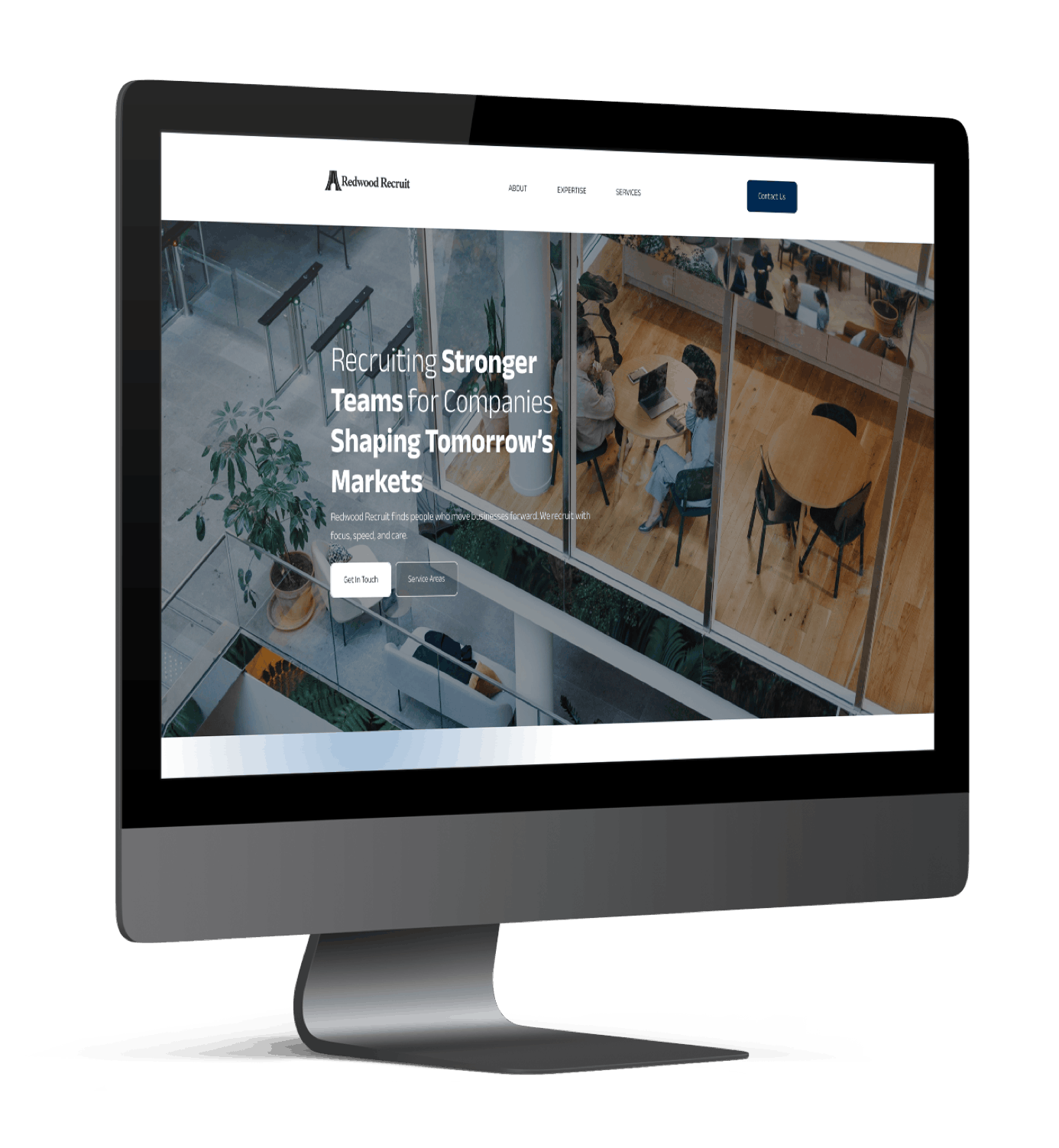 Redwood Recruit website homepage featuring "Recruiting Stronger Teams" headline and modern office background.